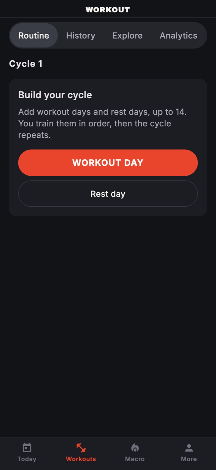 Workouts, Routine in custom mode: Build your cycle, with the Workout day and Rest day buttons.