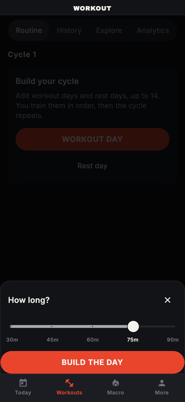 The How long sheet with a slider from 30 to 90 minutes set at 75, and the Build the day button.