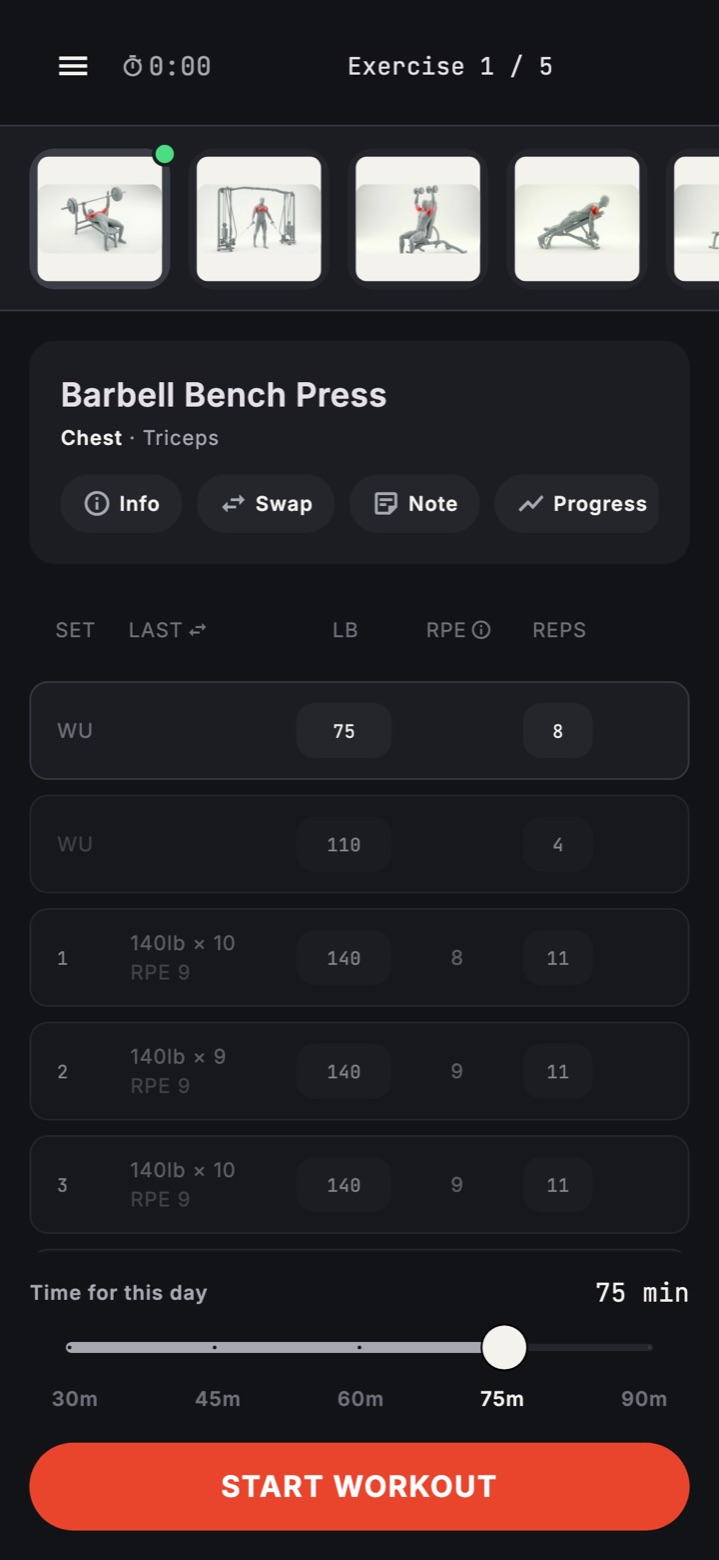 A day opened before training: Barbell Bench Press with two warm-ups and three working sets, the Last column, the Time for this day slider at 75 minutes and the Start workout button.