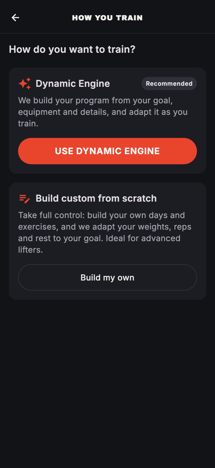 The How you train screen, with Dynamic Engine marked Recommended and the Use Dynamic Engine button, above Build custom from scratch.