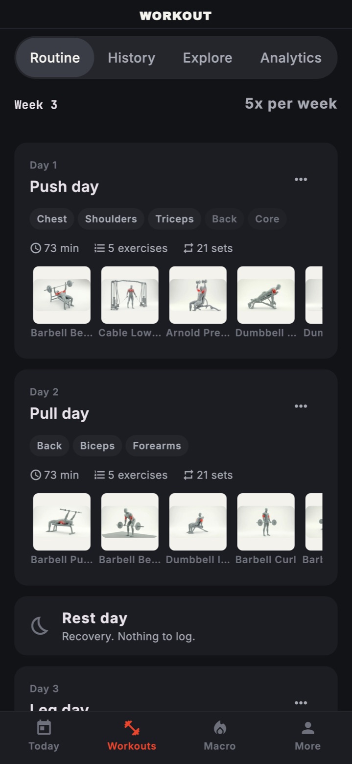 Workouts, Routine: Week 3, 5x per week, a Push day and a Pull day with their muscle groups, length and exercises, then a rest day.