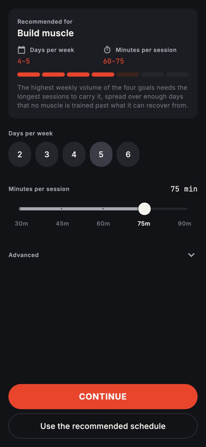 The schedule step: Recommended for Build muscle, 4 to 5 days of 60 to 75 minutes, with 5 days per week and 75 minutes per session chosen.