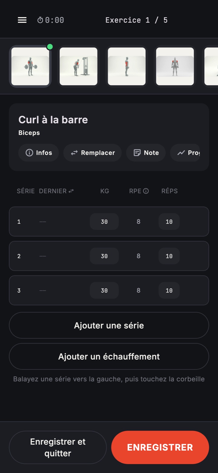La journée Bras et épaules avant l’entraînement : curl à la barre à 30 kg, 3 séries de 10, Ajouter une série, Ajouter un échauffement, et les boutons Enregistrer et quitter et Enregistrer.