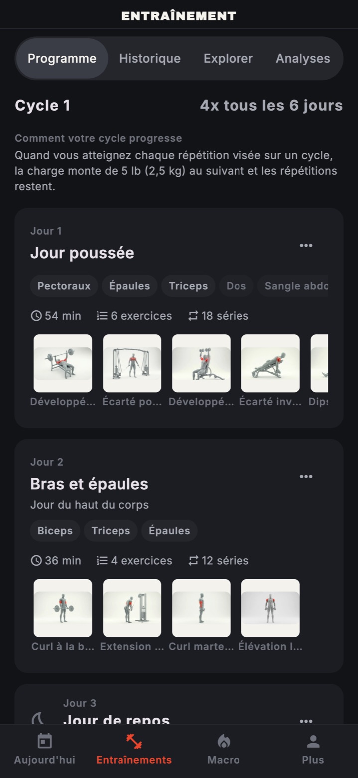 Cycle 1, 4x tous les 6 jours : Jour 1, Jour poussée construit par le moteur, Jour 2, Bras et épaules avec quatre exercices, Jour 3, jour de repos.