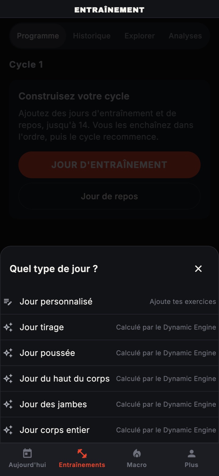 La feuille Quel type de jour : Jour personnalisé pour ajouter tes exercices, puis les jours tirage, poussée, haut du corps, jambes et corps entier calculés par le Dynamic Engine.