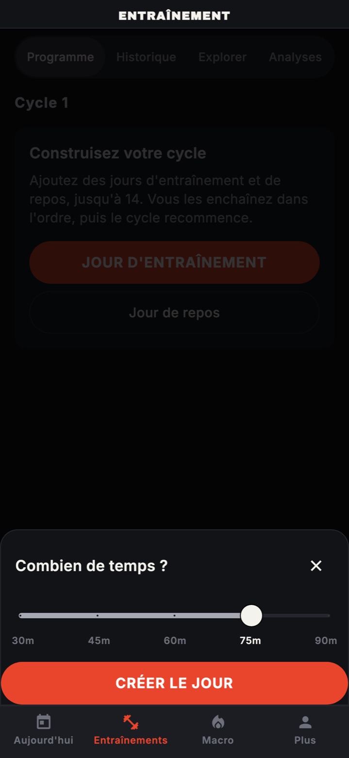 La feuille Combien de temps avec un curseur de 30 à 90 minutes réglé à 75, et le bouton Créer le jour.