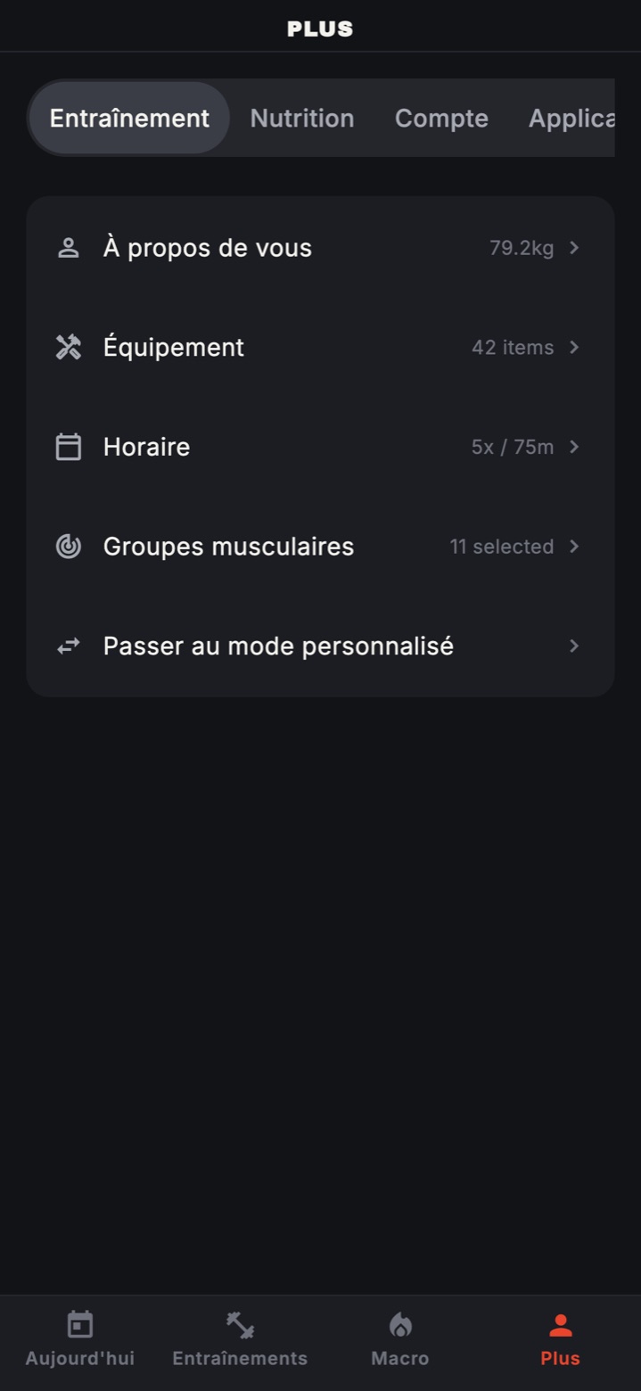 Plus, onglet Entraînement : À propos de vous, Équipement, Horaire, Groupes musculaires et Passer au mode personnalisé.