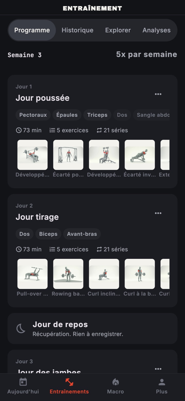 Entraînements, Programme : semaine 3, 5x par semaine, un jour poussée et un jour tirage avec leurs groupes musculaires, leur durée et leurs exercices, puis un jour de repos.