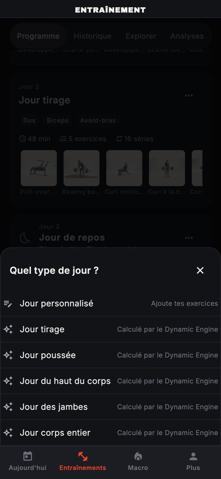 Ajout d’un jour à un cycle personnalisé : jour personnalisé, tirage, poussée, haut du corps, jambes ou corps entier.