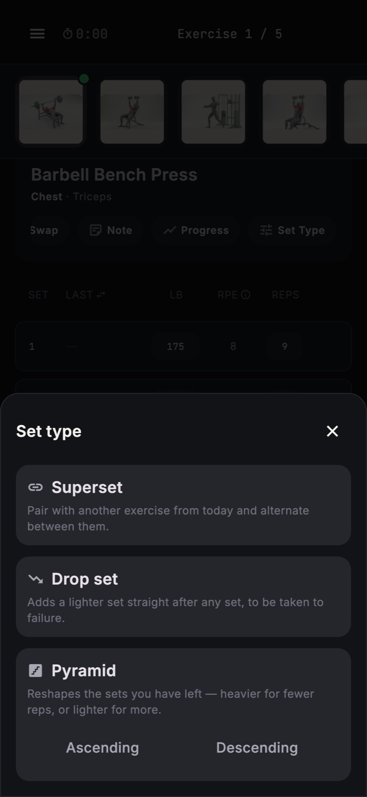 The set type sheet during a workout: superset, drop set and pyramid.