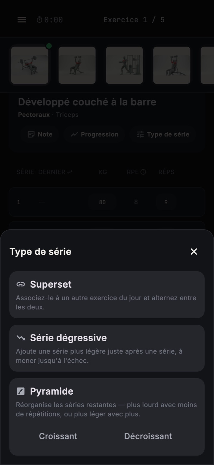 La fiche du type de série pendant une séance : superset, série dégressive et pyramide.